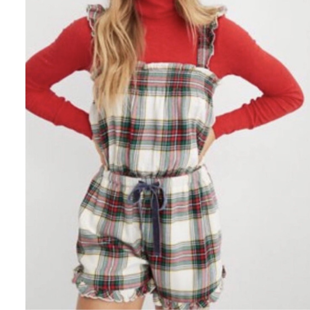 AERIE SOFT FLANNEL PLAID SHORTS LOUNGE ROMPER IN CHILLY RE